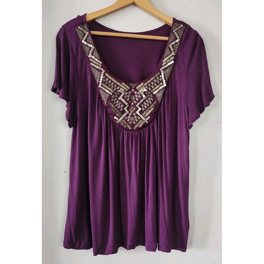 Apt 9 Womens Size 1X Plum Gold Beaded Embellished Scoop S/S Rayon Top Shirt
